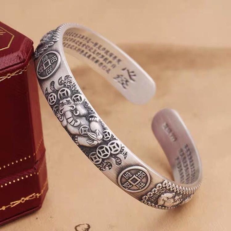 Silver Heart Sutra Bracelet, Six Character Mantra,Protection Luck Cuff