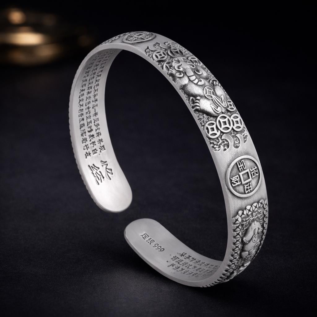 Silver Heart Sutra Bracelet, Six Character Mantra,Protection Luck Cuff