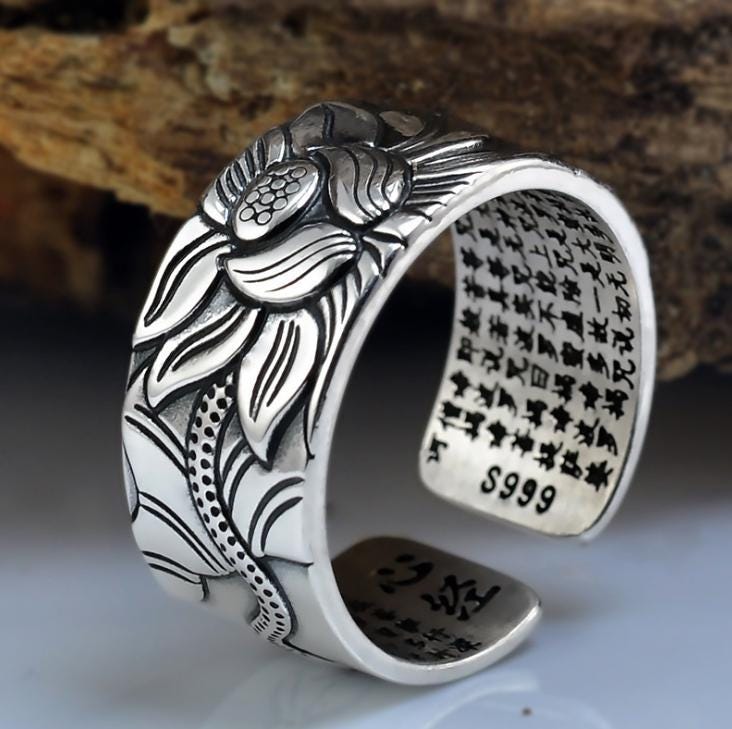 Heart Sutra Engraved Spiritual Ring for Protection Luck