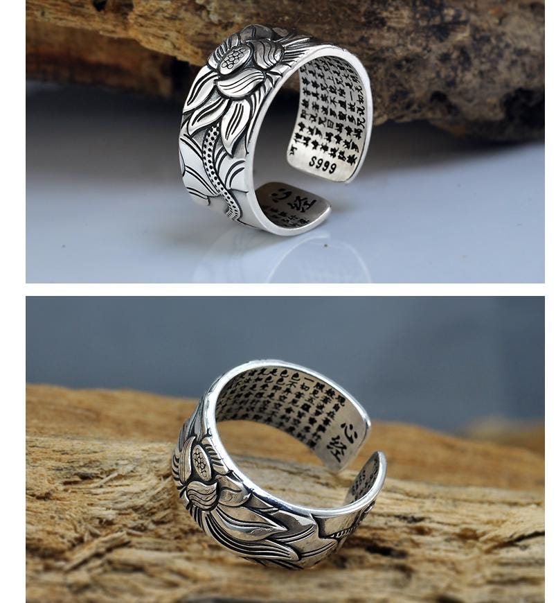 Heart Sutra Engraved Spiritual Ring for Protection Luck