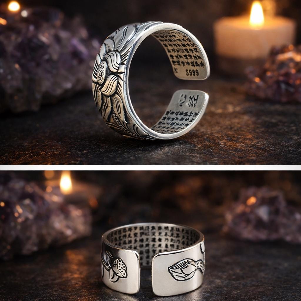 Heart Sutra Engraved Spiritual Ring for Protection Luck