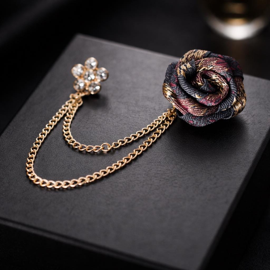 Rose Flower Diamond Collar Pin – Suit Brooch with Chain for Men , Women