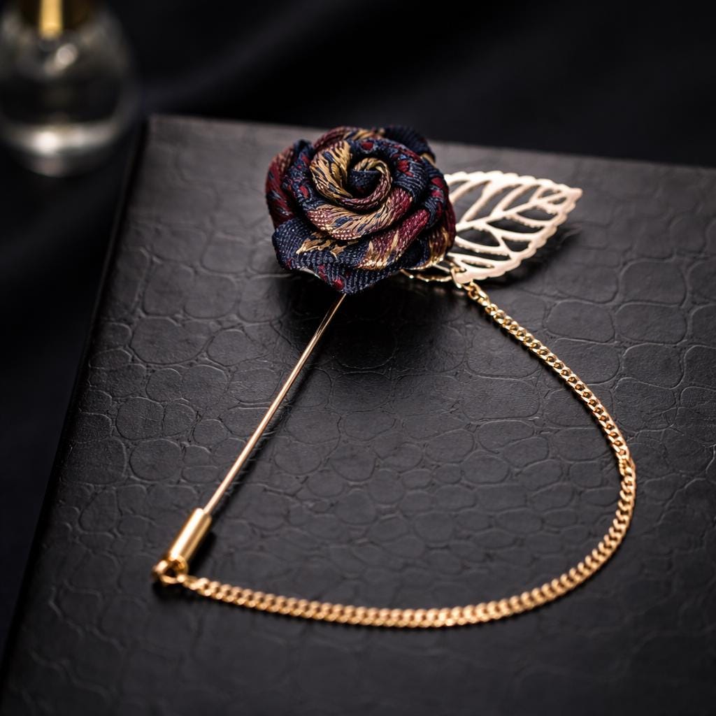 Rose Flower Diamond Collar Pin – Suit Brooch with Chain for Men , Women