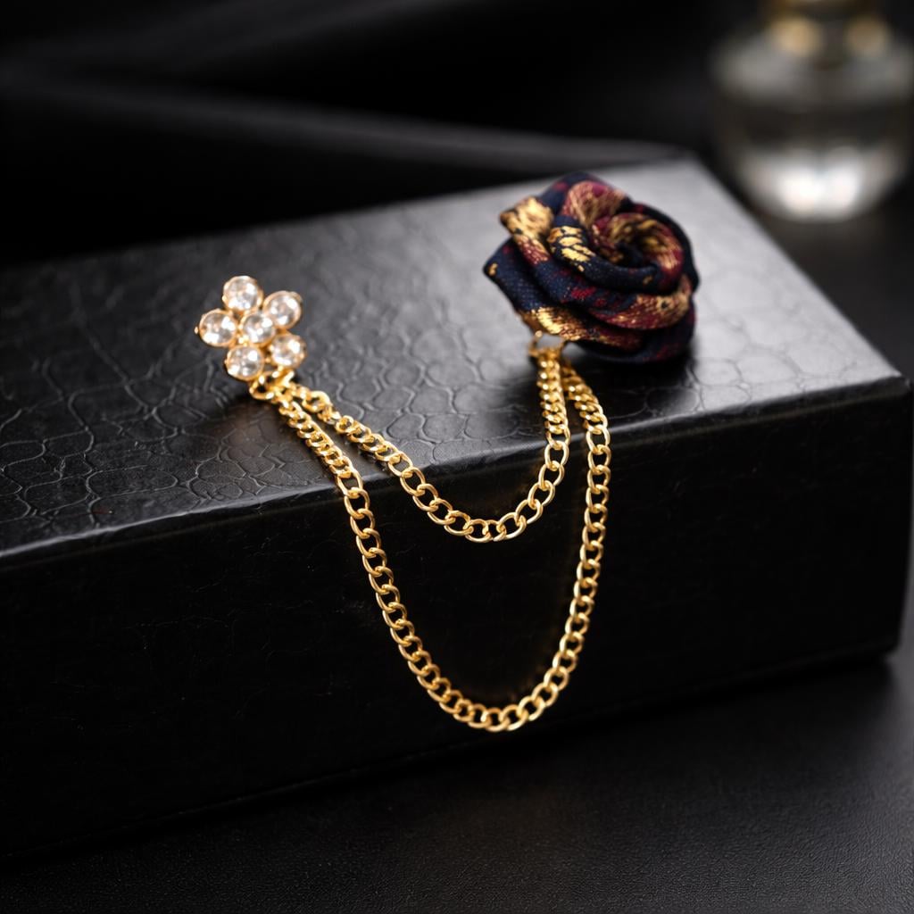 Rose Flower Diamond Collar Pin – Suit Brooch with Chain for Men , Women