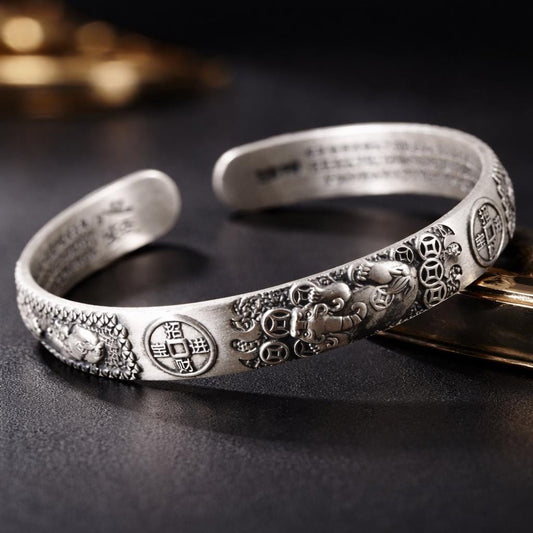 Silver Heart Sutra Bracelet, Six Character Mantra,Protection Luck Cuff