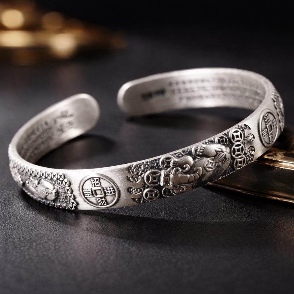Silver Heart Sutra Bracelet, Six Character Mantra,Protection Luck Cuff
