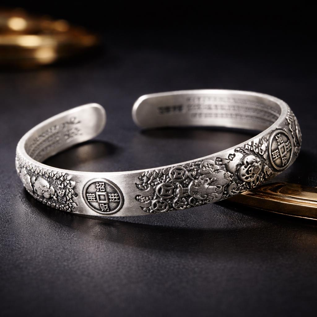 Silver Heart Sutra Bracelet, Six Character Mantra,Protection Luck Cuff