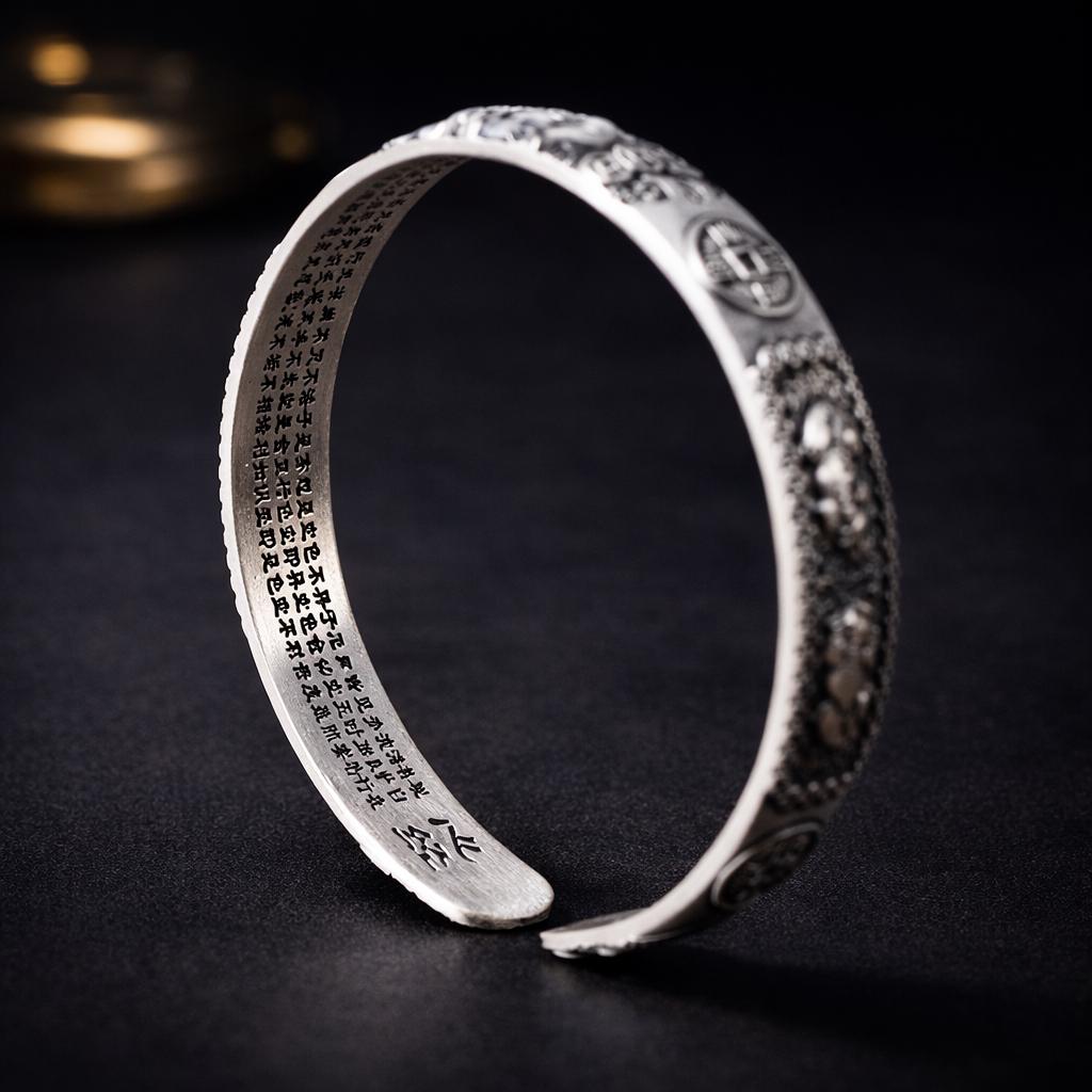 Silver Heart Sutra Bracelet, Six Character Mantra,Protection Luck Cuff