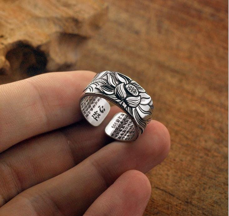 Heart Sutra Engraved Spiritual Ring for Protection Luck