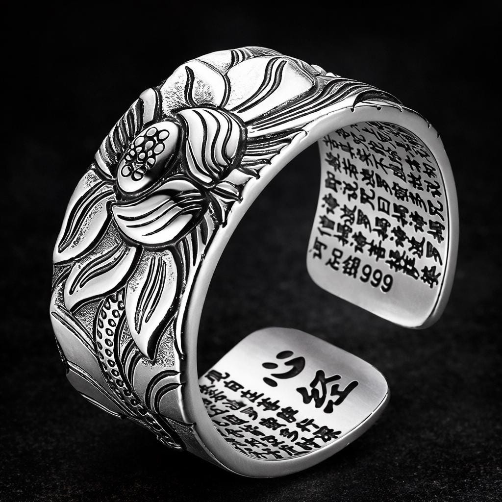 Heart Sutra Engraved Spiritual Ring for Protection Luck