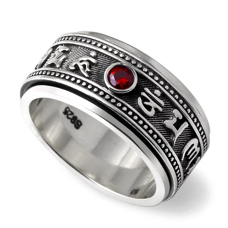 Six Character Mantra , Garnet Stone Buddhist Jewelry, Spiritual Protection, Engraved Tibetan Ring