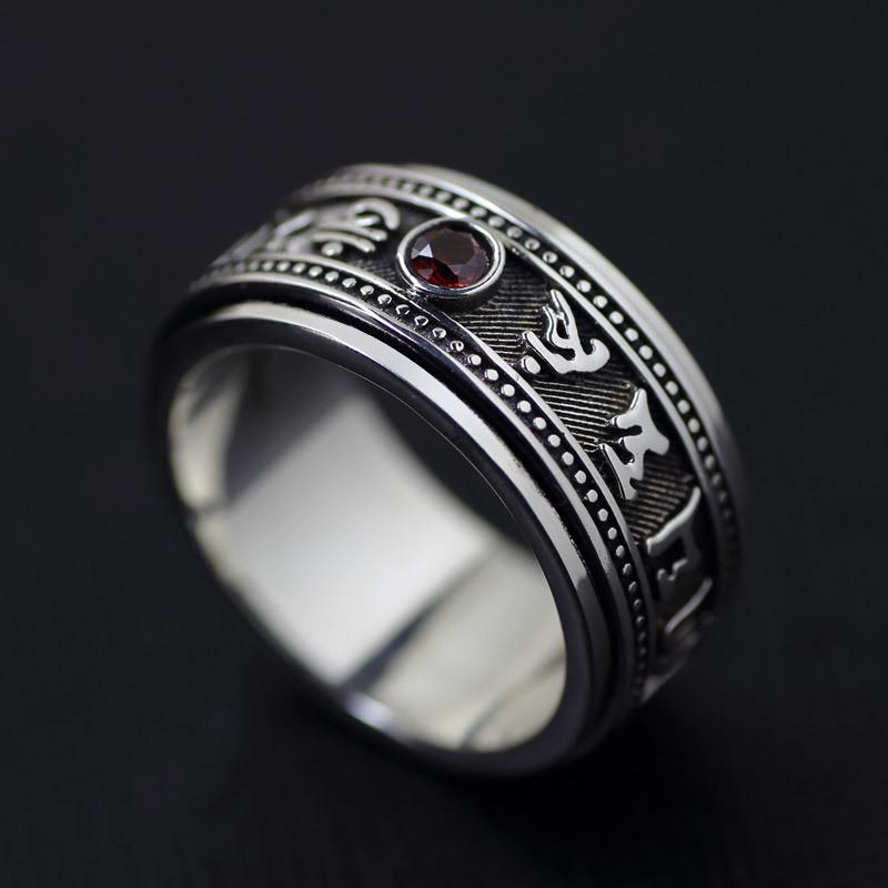 Six Character Mantra , Garnet Stone Buddhist Jewelry, Spiritual Protection, Engraved Tibetan Ring