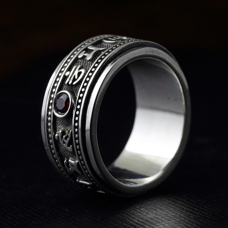 Six Character Mantra , Garnet Stone Buddhist Jewelry, Spiritual Protection, Engraved Tibetan Ring