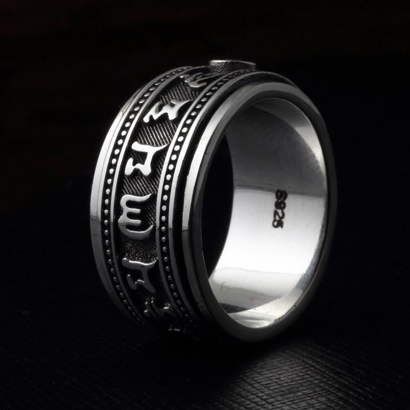 Six Character Mantra , Garnet Stone Buddhist Jewelry, Spiritual Protection, Engraved Tibetan Ring